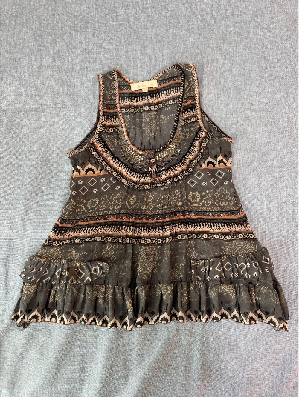 Solitaire Beaded Boho Festival Tank Top Fairy Grunge Ruffle Hem Size M - Picture 5 of 9